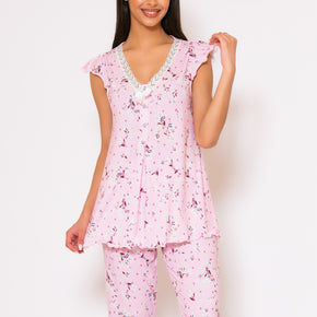 Γυναικεία Πιτζάμα ροζ με κάπρι Scherzo - Nana Kakouti Homewear - Γλυφάδα