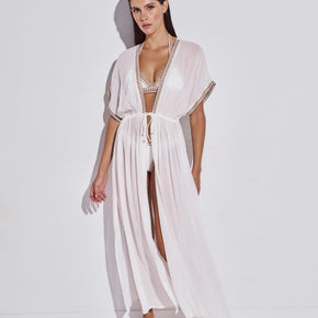 Γυναικεία maxi tunic ivory με χρυσή κεντητή τρέσα Lida - Nana Kakouti Γλυφάδα