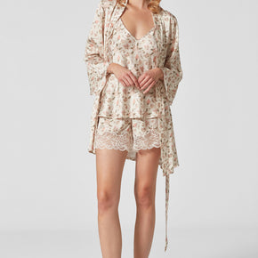 Γυναικείο σατέν σετ 3 κομματιών με floral print και δαντέλα ecru PenKy - Nana Kakouti Γλυφάδα