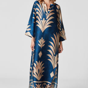 Γυναικείο maxi σατέν καφτάνι με art deco print μπλε-χρυσό PenKy - Nana Kakouti Γλυφάδα
