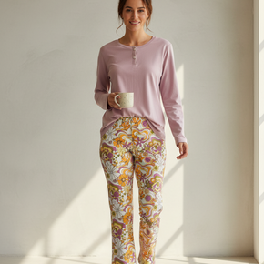 Γυναικεία Πιτζάμα Βαμβακερή ροζ-εμπριμέ Brilliamo - Nana Kakouti Γλυφάδα