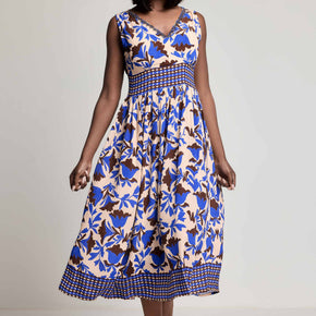 Γυναικείο Midi Φόρεμα Floral Blue & Brown με Smocked Waist David - Nana Kakouti Γλυφάδα