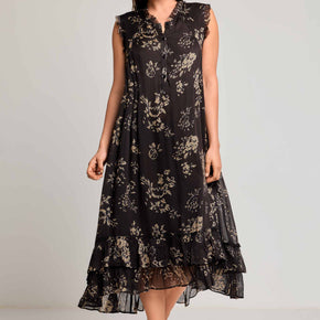 Γυναικείο Maxi Φόρεμα Floral σε Μαύρο με Double Ruffle Hem David - Nana Kakouti Γλυφάδα