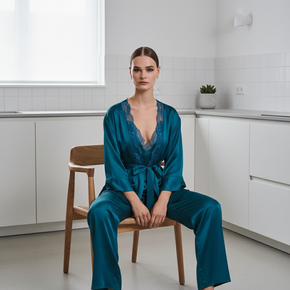 Γυναικεία Πιτζάμα σατέν τρουά πιες σμαραγδί Lida