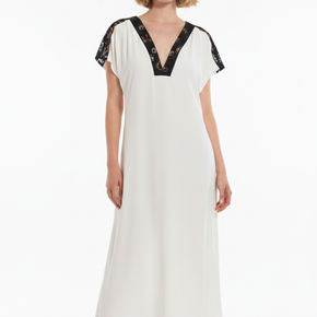 Γυναικείο λευκό kaftan με μαύρη lace λεπτομέρεια Eleria Cortes - Nana Kakouti Γλυφάδα